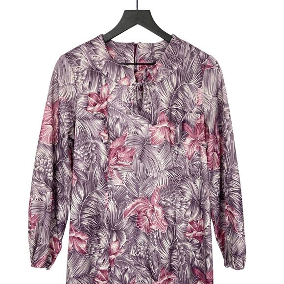 Vintage 70s Boho Floral Mini Dress Women's Medium Purple Pink Long Sleeve - Picture 7 of 10